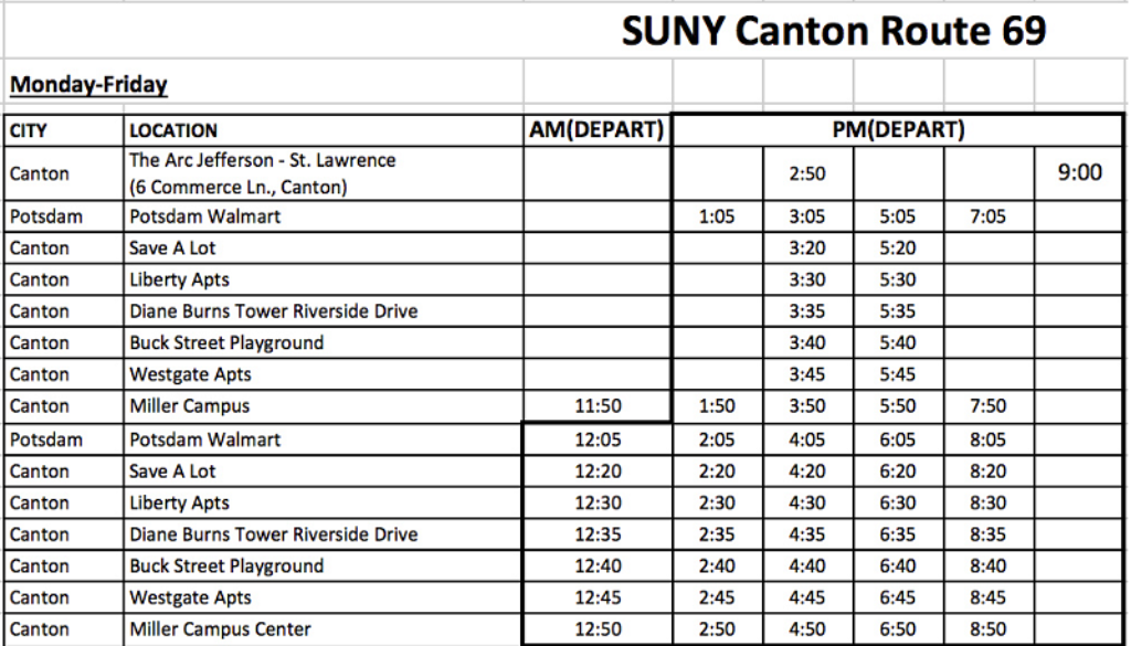 SUNY Canton Roo Bus Schedule