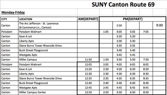 SUNY Canton Roo Bus Schedule